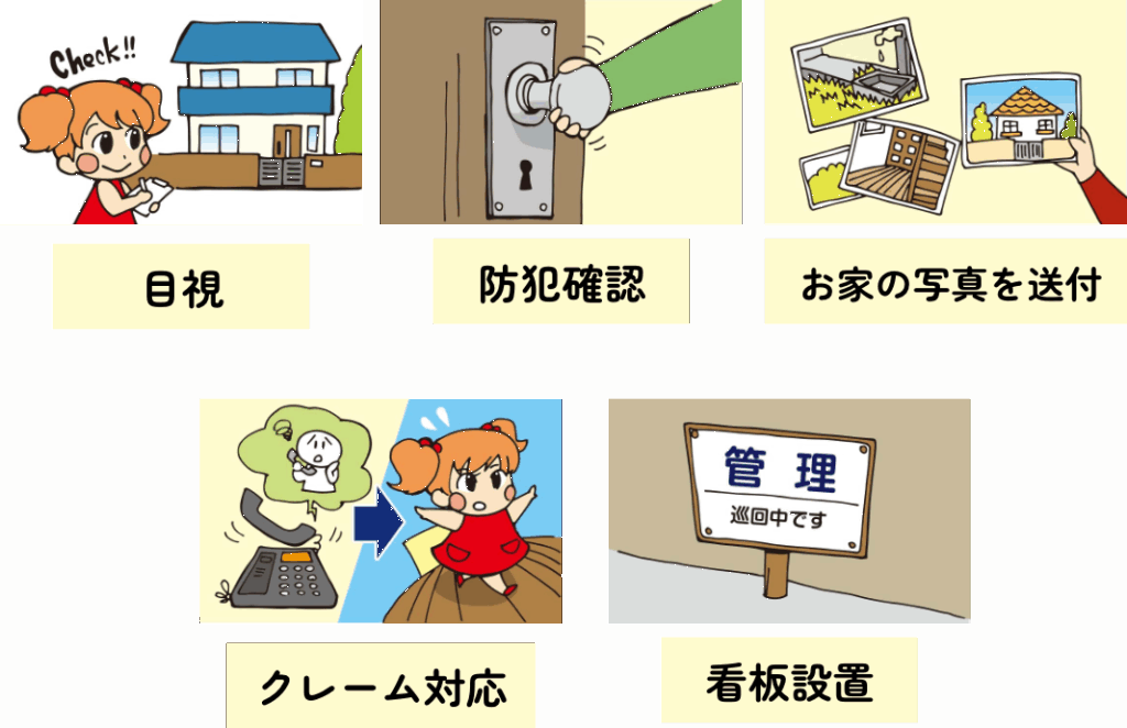 目視、防犯確認、お家の写真を送付、クレーム対応、看板設置